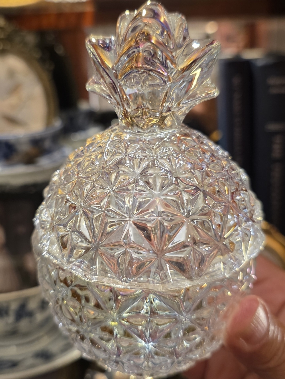 Vintage Iridescent Cut Glass Pineapple. Lidded Candy Dish | Starburst Pattern